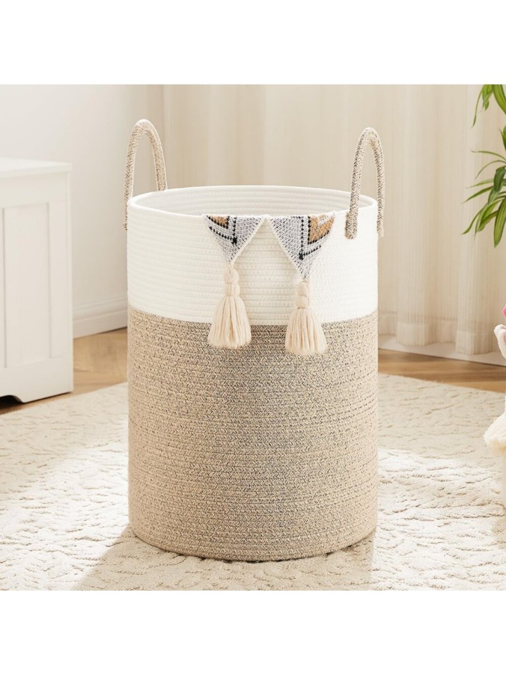 Stylish Woven Cotton Rope Laundry Basket Hamper - 60L for Clothes, Toys & Decor